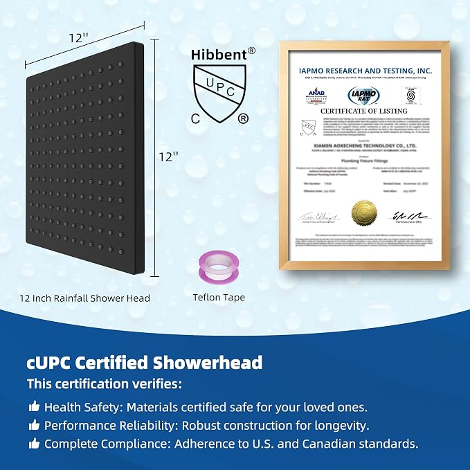 Hibbent cUPC Certified High Pressure 12'' Rain Shower Head, Matte Black | Thickness Metal Showerhead, Square Large Bathroom Rainfall Shower Head, Adjustable Brass Ball, Waterfall Full Body Coverage