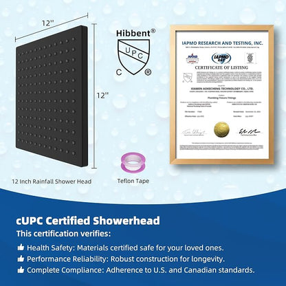 Hibbent cUPC Certified High Pressure 12'' Rain Shower Head, Matte Black | Thickness Metal Showerhead, Square Large Bathroom Rainfall Shower Head, Adjustable Brass Ball, Waterfall Full Body Coverage