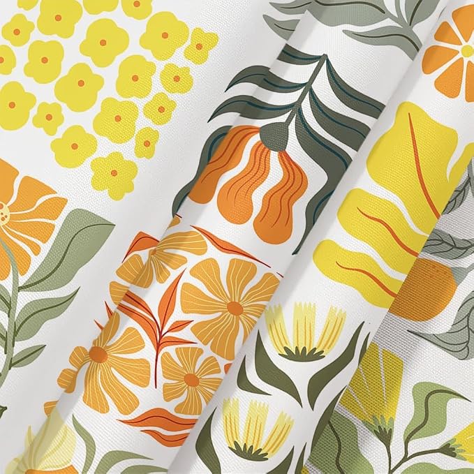 JAWO Cute Boho Floral Shower Curtain, Vintage Yellow Abstract Floral Retro Aesthetic Plant Shower Curtain for Bathroom, Funky Unique Waterproof Fabric Polyester Bath Curtains Decor with Hooks,48Wx70H