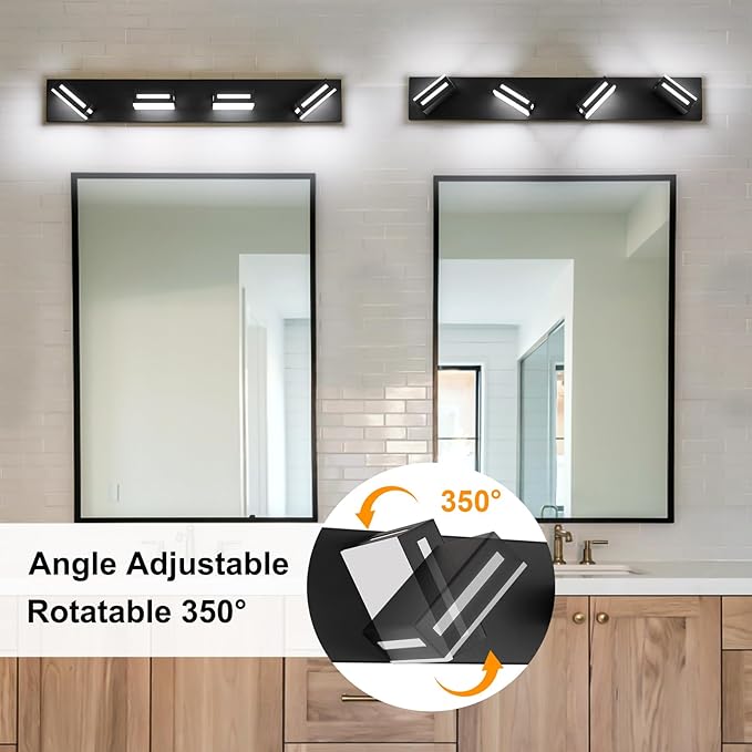 LED Modern Bathroom Light Fixtures, 4-Light 30-Inch Matte Black Vanity Lights for Bathroom Lighting Fixtures Over Mirror, 350° Rotatable Acrylic, 6000K Cool White Wall Lamp