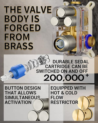 Dasan Rainfall Full Body Shower Faucet System with 12'' Round Shower & 6'' Shower Head,Brushed Nickel Dual Shower Head Faucets Set with Handheld & Valve, Double Shower Head System for Couples/2-Person