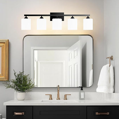 Quntis Black Bathroom Light Fixtures Over Mirror 5 Colors Adjustable, 5-Light LED Bathroom Vanity Lighting with Milky White Frosted Glass Shade, Energy-Saving LED Vanity Light 35.8 inch