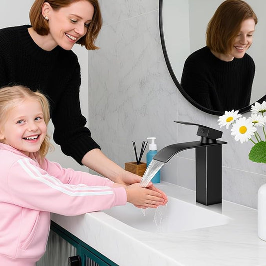 Bathroom Faucets Matte Black Waterfall Bathroom Sink Faucet Modern Single Handle Bathroom Faucet for 1 or 3 Hole Mxier Tap Washbasin Faucet with Deck, Pop-up Drain and Supply Hoses 2 Pack