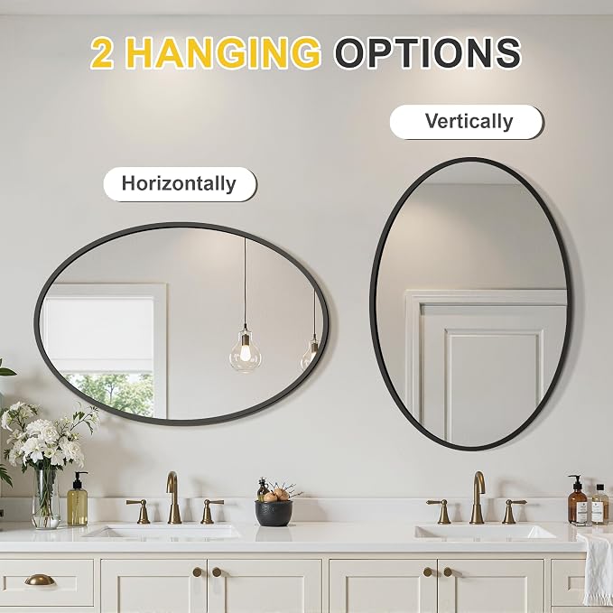 Black Oval Bathroom Mirror for Wall, 26"x38" Bathroom Vanity Mirror | HD Shatterproof Glass, Metal Framed, Oval Vanity Mirrors for Bathroom, Bedroom, Living Room, Entryway, Horizontal or Vertical