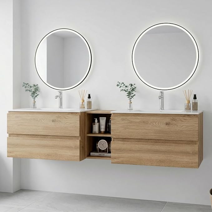 72"Modern Floating Double Sink Bathroom Vanity, Wall Mounted Bathroom Cabinet with U-Shaped Drawers, Beveled Invisible Handles Open Side Shelf, FSC Certified Wood Veneer (Wood color, 72 lnch)
