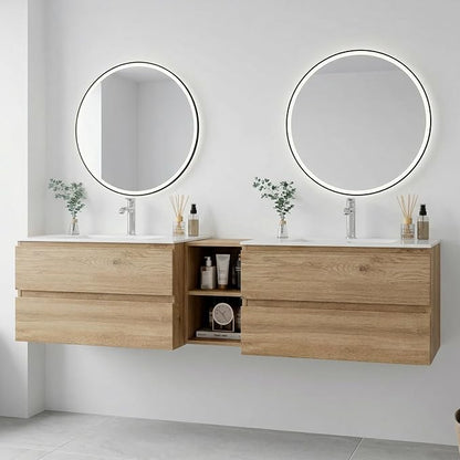 72"Modern Floating Double Sink Bathroom Vanity, Wall Mounted Bathroom Cabinet with U-Shaped Drawers, Beveled Invisible Handles Open Side Shelf, FSC Certified Wood Veneer (Wood color, 72 lnch)
