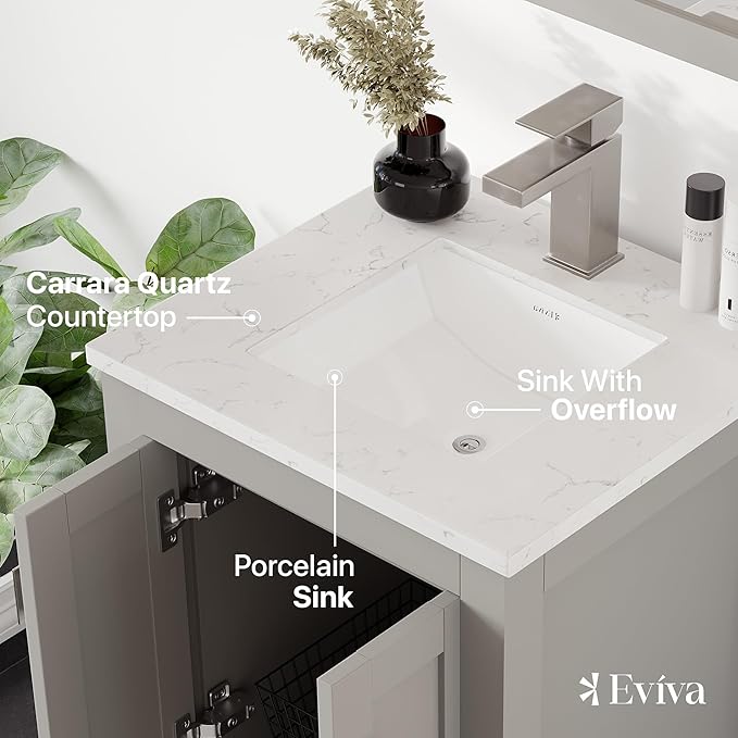 Eviva London 20 Inch Bathroom Vanity with Sink - Grey Vanity Bathroom, Porcelain Sink and Quartz Countertop, Freestanding 20 Vanity with Sink Combo, Ideal Bathroom Vanities for Home Decor