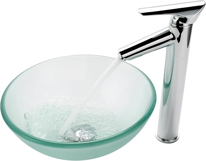 Kraus Frosted 14" Glass Vessel Bathroom Sink with PU-MR Satin Nickel