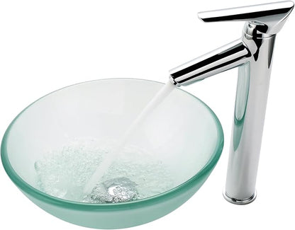 Kraus Frosted 14" Glass Vessel Bathroom Sink with PU-MR Satin Nickel
