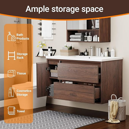 36-inch Luxury Bathroom Vanity with Sink, Stunning Walnut Finish, 2 Large Drawers & Hidden Storage, Invisible Handles, Moisture-Resistant. Ideal for Bathroom remodel and Upgrade.