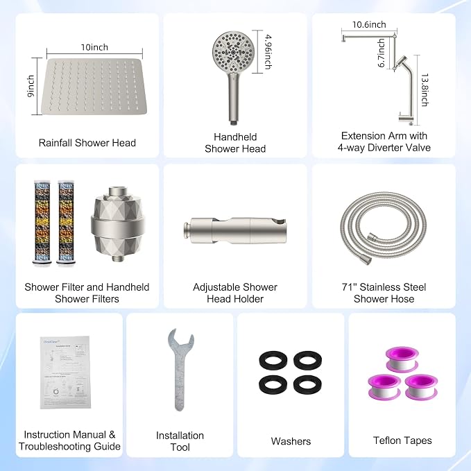 10" Metal Rain Filtered Shower Head with Handheld, 10 Modes, Easy Reach | Brushed Nickel, High-Pressure Rainfall Showerhead, 4-Way Diverter Pause Mode, Adjustable 16" Extension Arm, 20-Stage Filter