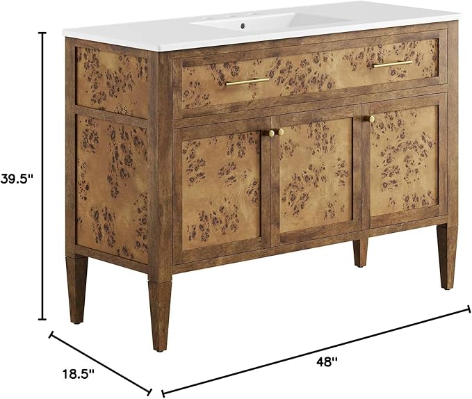 Modway Elysian 48" Burl Wood Single Bathroom Vanity in White Brown with Ceramic Sink Basin