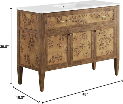 Modway Elysian 48" Burl Wood Single Bathroom Vanity in White Brown with Ceramic Sink Basin