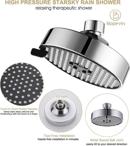 Bovepin 3 functions Rainfall Shower Head Replacement with 1.5 GMP Flow | G1/2" Universal Fitting, 360° Adjustable Brass Ball Joint, 1-Min Easy Install & Easy Clean, Chrome