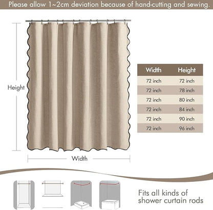MIULEE 72"x90" Extra Long Scalloped Linen Shower Curtain Copper Brown | Linen Textured, Waterproof, Washable, 12 Metal Hooks, Heavy Duty Cloth, Black Border, Shower Curtain for Bathroom Bathtub