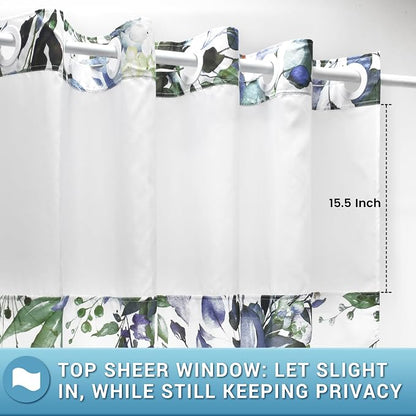 No Hook Floral Shower Curtain with Liner, Eucalyptus Green, 71x77 | Snap in Liner, 3 in 1, Water Repellent, Easy Install, Machine Washable, Hotel Style for Bathroom, Watercolor Pattern