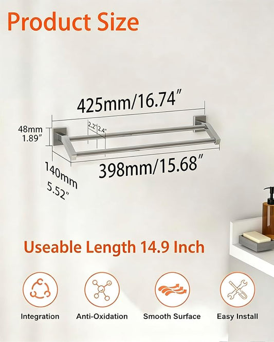 Alise Double Towel Bar, 16" Double Towel Racks for Bathroom, Brushed Nickel | Quick Drying Bathroom Towel Holder, SUS304 Stainless Steel Towel Hanger Wall Mounted, Useable Length 14.9"