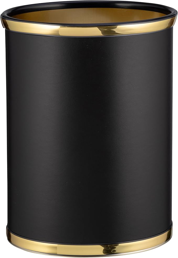 Kraftware Sophisticates Black/Polished Gold Brass Waste Basket with 3/4-Inch Bands and Brass Bumper