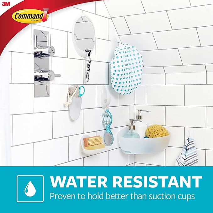 Command Bathroom Accessories, 5 Piece Bathroom Organizer Set - 1 Shower Caddy, 1 Soap Dish, 1 Toothbrush Holder, 2 Hooks with Water Resistant Strips