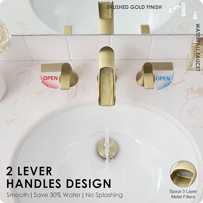 Brushed Gold Bathroom Faucet 3 Hole, 4-8 Inch Brass Widespread Waterfall Bathroom Sink Faucets with Pop Up Drain and cUPC Supply Line, 2 Handles for Vanity, Lavatory, Restroom, Apartment, Modern