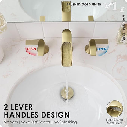 Brushed Gold Bathroom Faucet 3 Hole, 4-8 Inch Brass Widespread Waterfall Bathroom Sink Faucets with Pop Up Drain and cUPC Supply Line, 2 Handles for Vanity, Lavatory, Restroom, Apartment, Modern