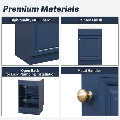 Christopher Knight Home Vanes Wood Frame 20" Bathroom Vanity with Ceramic Sink, Cabinet with Soft-Closing Door Shelf and Adjustable Shelf, Open Back, Metal Hardware, Storage/Organizer, Blue