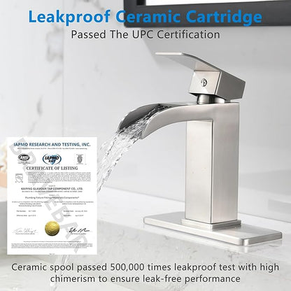 Brushed Nickel Waterfall Bathroom Faucet - Single Handle Sink Faucets Bathroom 1 Hole or 3 Hole for 4In | Modern Solid Brass Vanity Faucet with Deck Plate & Overflow Pop Up Drain