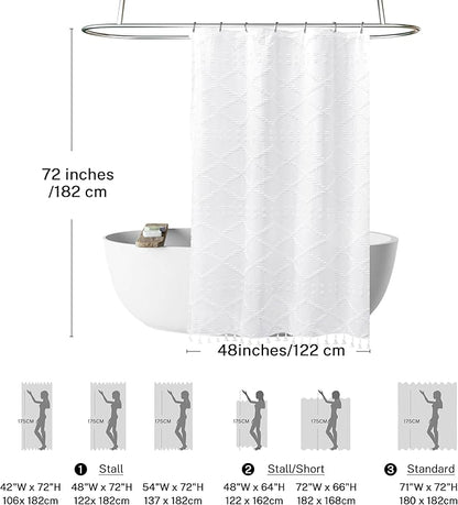 Stall Boho White Woven Fabric Shower Curtain with Tassels 48 x 72 Modern Farmhouse Minimalist Tufted Chevron Striped Shabby Chic Textured, Water Resistant Curtain for Bathroom, Hotel Decor