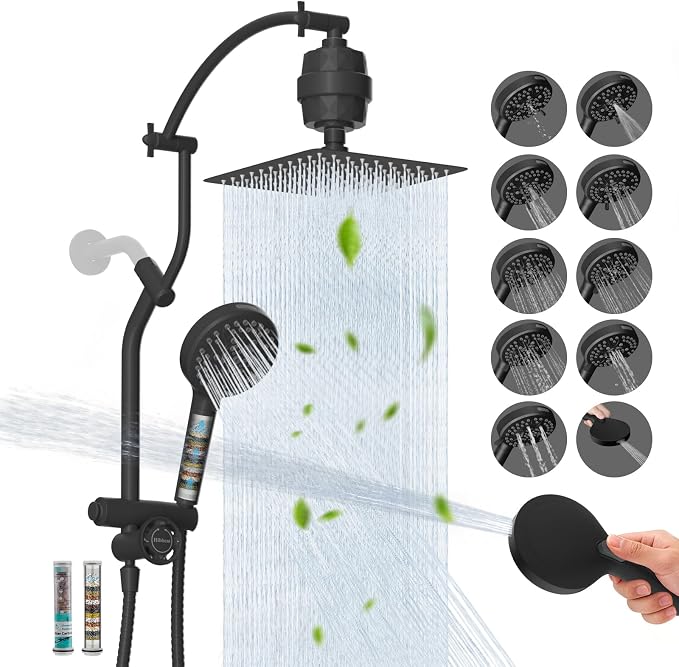 Hibbent 10'' Filtered Shower Head & Filtered 10-Mode Handheld Combo, Black | All Metal Stainless Steel Rain Showerhead, 4-way Diverter, Heightened All Metal Extension Arm, 71'' Hose & Holder, Easy Reach