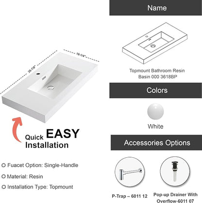 Dowell 36" Bathroom Sink,Single Bowl Vanity Basin,Rectangular Drop-In Bathroom Sink with Overflow,White-000 3618BP