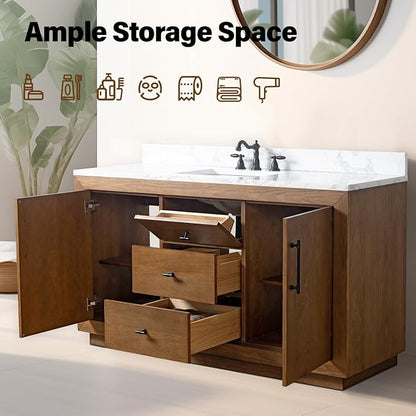 Vanity Art 60 inch Bathroom Vanity with Single Sink, Modern Wood Bath Vanity with Carrara Marble Top, Vanity Cabinet with Doors， Removable Shelf, Solid Wood Frame, Ceramic Sink, Tan, VA7060E