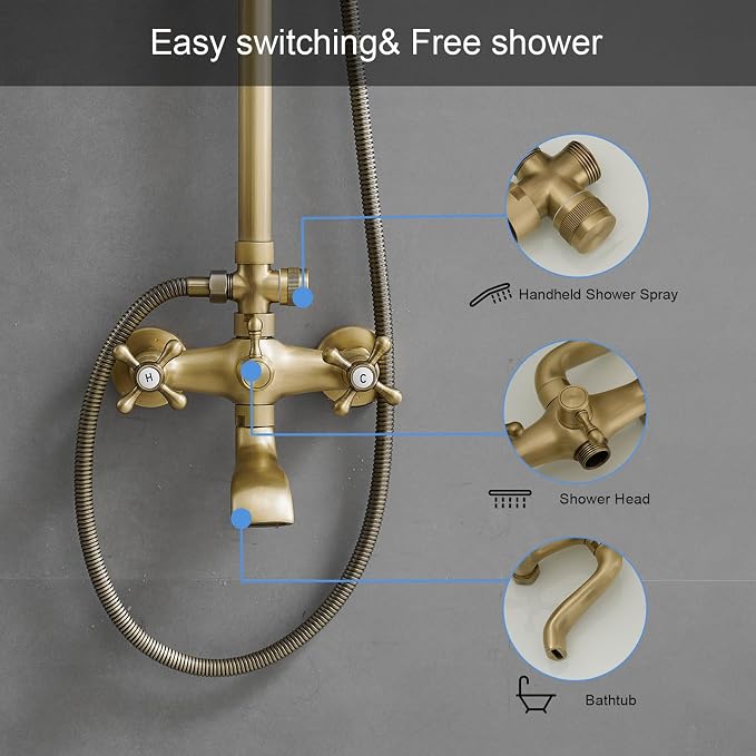 Homevacious Antique Brass Outdoor Shower Kit Exposed Shower | 8 Inch High Pressure Rain Shower Head with Hand Spray Bathroom Shower Faucet System Double Knobs Cross Handle 3-function