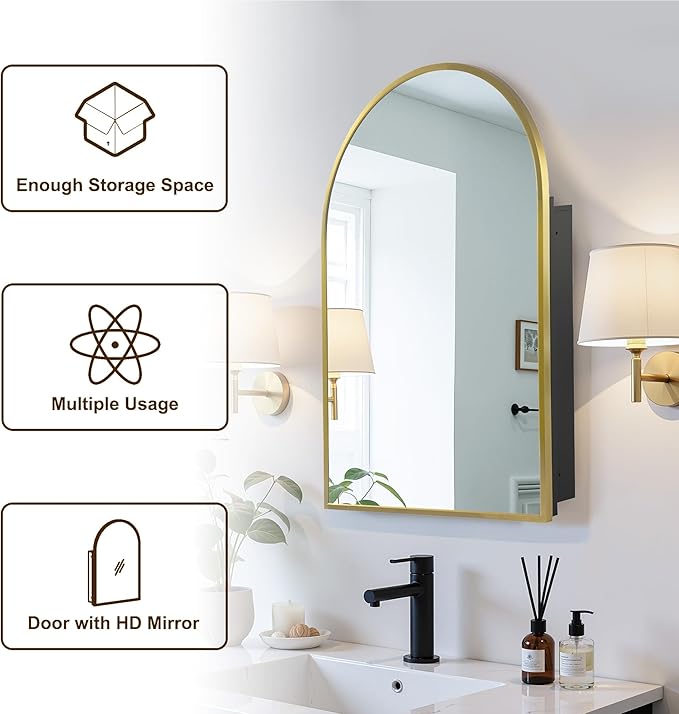 Casaphoria 36" H x 24" W Arched Bathroom Medicine Cabinet with Mirror, Metal Frame Wall Mirror Cabinet, Wall Medicine Cabinets Mirrors, Gold