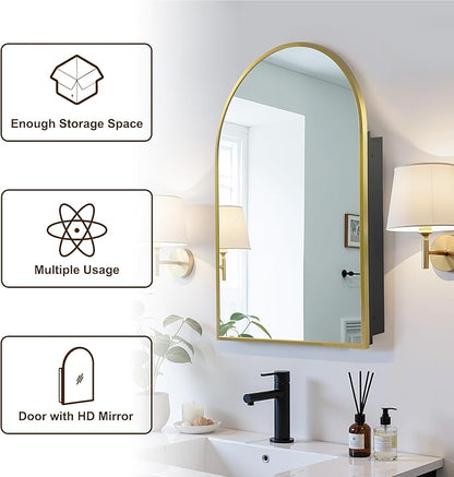 Casaphoria 36" H x 24" W Arched Bathroom Medicine Cabinet with Mirror, Metal Frame Wall Mirror Cabinet, Wall Medicine Cabinets Mirrors, Gold