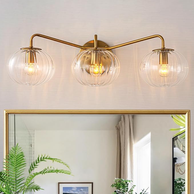 Lingkai Bathroom Light Fixtures,3 Lights Brushed Brass Vanity Light,Modern Wall Sconce with Clear Striped Glass Shade,Bathroom Vanity Lights Over Mirror for Hallway Picture Wall Lighting Living