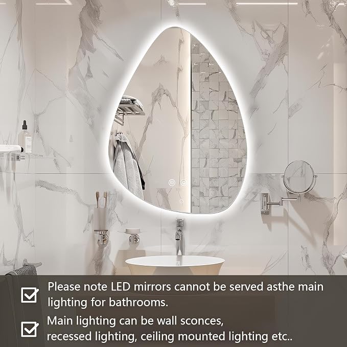 Niccy Irregular LED Bathroom Mirror, Frameless Backlit Wall Mirror, 20"x28" | Asymmetrica Lighted Mirror for Bedroom Living Room, Modern Smart-Mirror with 3 Color Lighting, Anti-Fog, Memory Function