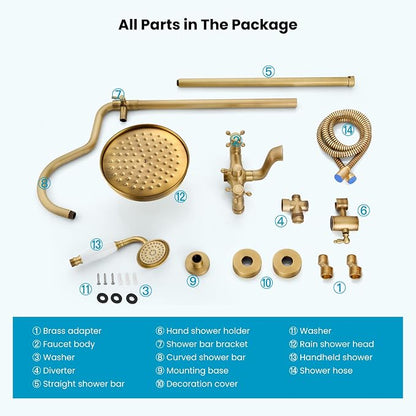 gotonovo Exposed Bathroom Shower System Two Cross Handle Antique Brass | Vintage Brass Tub Shower Faucet Set,8’’ Rain Head with Handheld Spray,Swivel Tub Spout,6’’ Hole Distance,Adjustable Height