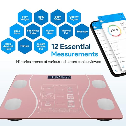 Smart Body Fat Scale with Led Display - Digital Bathroom Scale with Bluetooth, Accurate Body Composition Measurement, Muscle Mass, BMI, and Body Water Analysis (Pink)