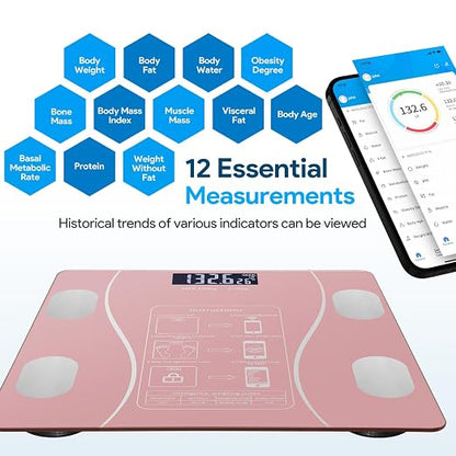 Smart Body Fat Scale with Led Display - Digital Bathroom Scale with Bluetooth, Accurate Body Composition Measurement, Muscle Mass, BMI, and Body Water Analysis (Pink)