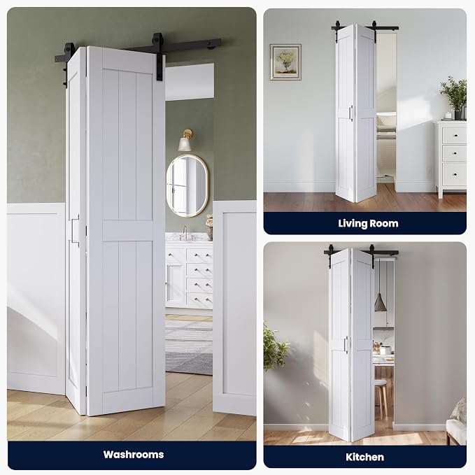 SMARTSTANDARD Bifold Barn Door 40" x 84", MDF Bi-Fold Sliding Closet Doors | Hardware Kit Included, Pre-Finished Easy Assembly, Water-Proof PVC Surface & Save Space, H-Frame, 44" Track for 2 Doors