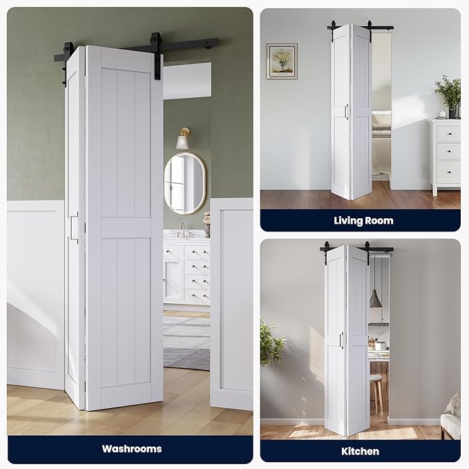 SMARTSTANDARD Bifold Barn Door 32" x 84", MDF Bi-Fold Sliding Closet Doors | Hardware Kit Included, Pre-Finished Easy Assembly, Water-Proof PVC Surface & Save Space, H-Frame, 36" Track for 2 Doors
