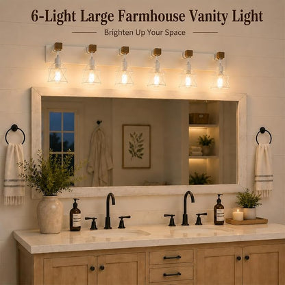Farmhouse Vanity Light Fixture,6-Light Bathroom Lighting,White Modern Wood Wall Light Over Mirror with Metal Shade,LED Bulbs Not Included