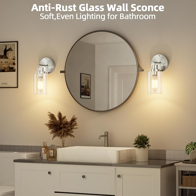 GORDNWE Modern Bathroom Wall Sconce, Brushed Nickel Vanity Light Fixture | E26 Bulb Base, Clear Glass Shade, Wall Light Fixture for Mirror, Bedroom, Hallway