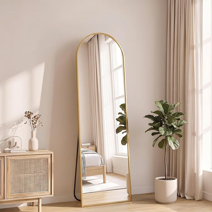 NEWBULIG Arched Full Length Floor Mirror 56"x15", Body Standing Mirror | Wall Hanging or Leaning, Shatter-Proof Glass, Aluminum Alloy Frame with Stand, Home Decor Bedroom, Gold