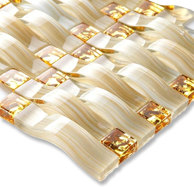 Glass Mosaic Tile Beige Gold for Kitchen Backsplash Bath Wall Decor 5 Sq Ft | Glossy Surface Shine, 3D Arched Interlocking, Indoor Walls, Bathroom Shower, Fireplace Surrounds and Modern Interiors Spaces