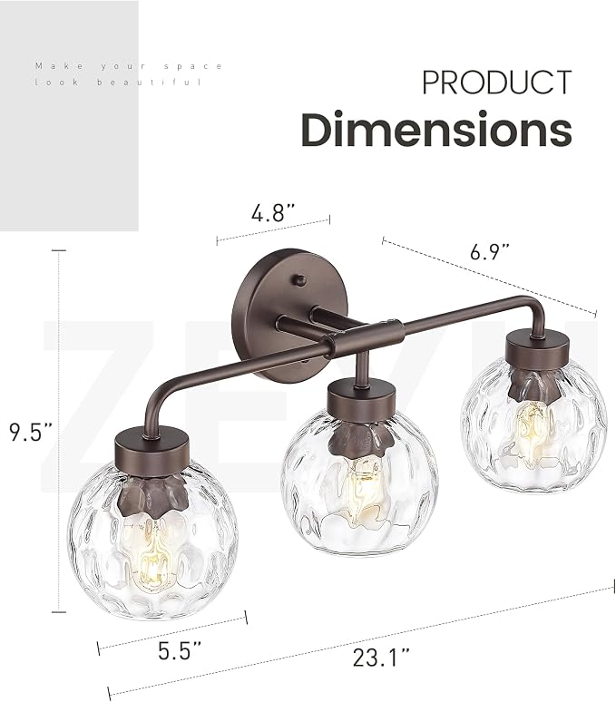 zeyu 3-Light Farmhouse Vanity Light, 23 inch Bathroom Light Fixtures with Water Ripple Globe Glass, Oil Rubbed Bronze Finish, ZS62BG-3W ORB-WG