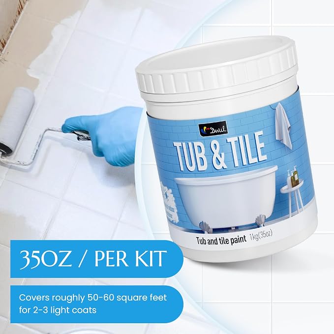 DWIL Tub and Tile Refinishing Kit,33oz Quick-Dry Tile Paint for Wall & Floor, Sink Bathtub Paint for Bathroom, Kitchen, Toilets, Water Based, Semi-Gloss White, 50-55sq.ft