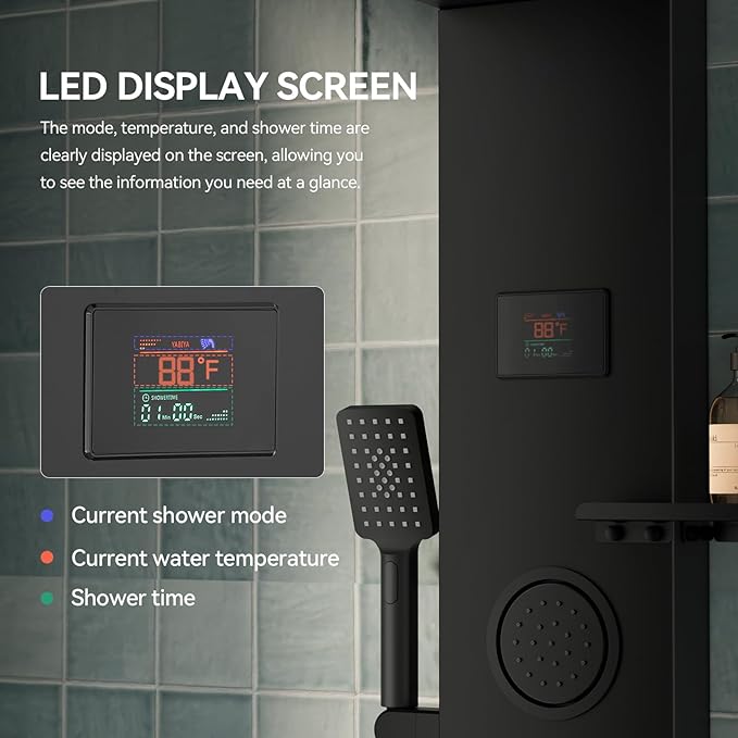 5 in 1 Black Shower Panel Tower System With Storage Shelf, 304 Stainless Steel Shower Tower with Rainfall Shower Handheld and Tub Spout, Powerful Body Jets, Wall-Mounted Shower Set