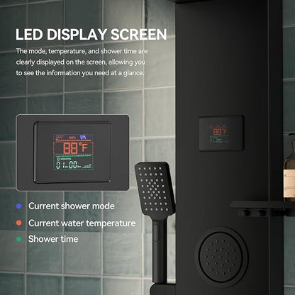 5 in 1 Black Shower Panel Tower System With Storage Shelf, 304 Stainless Steel Shower Tower with Rainfall Shower Handheld and Tub Spout, Powerful Body Jets, Wall-Mounted Shower Set