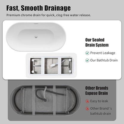 Freestanding Bathtub 59 inch, Acrylic Freestanding Bathtub 59 inch with Overflow and Extendable Drain, Acrylic Stand Alone Tub, Modern Free Standing Tub for Bathroom